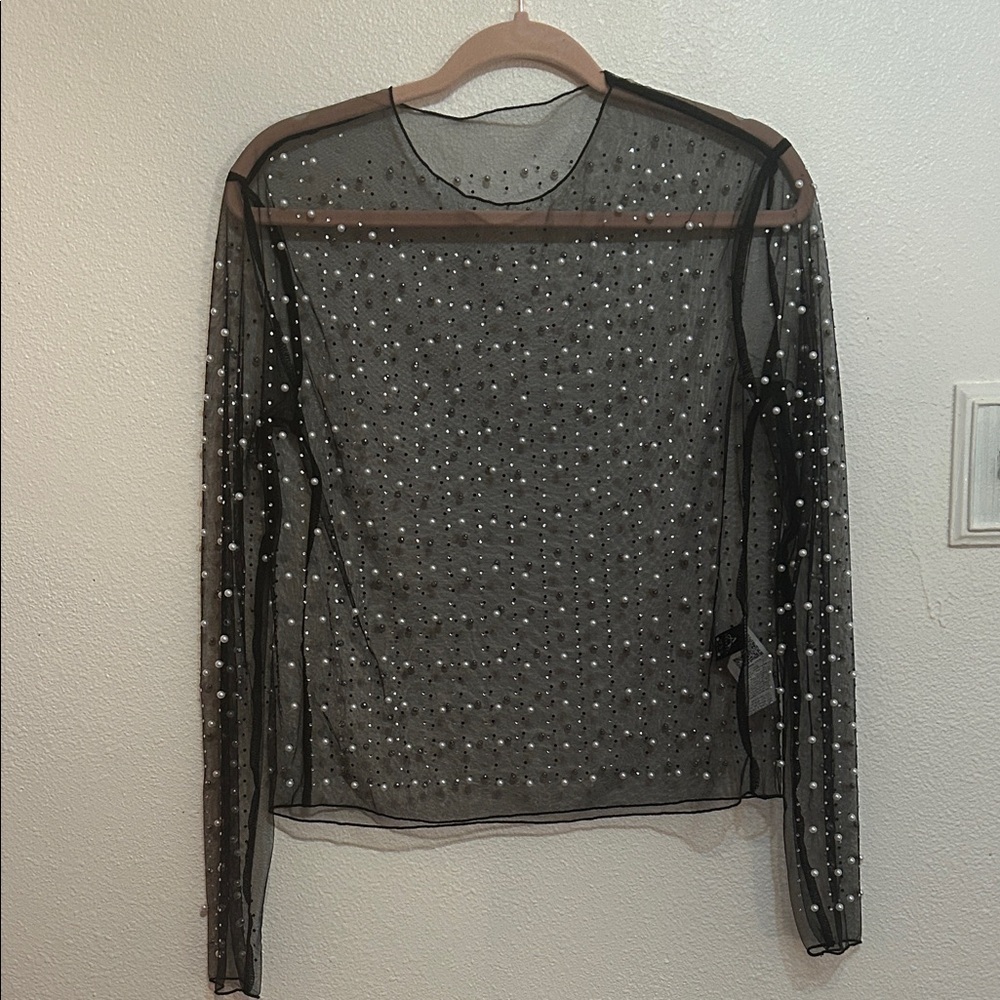 Elegant Black Sheer Top with Pearl Accents